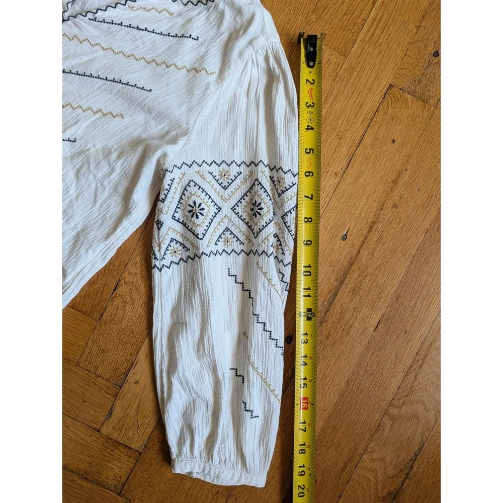 Madewell Peasant Top 100% Cotton Cream Embroidered Puff Sleeve Notch Neck Boho